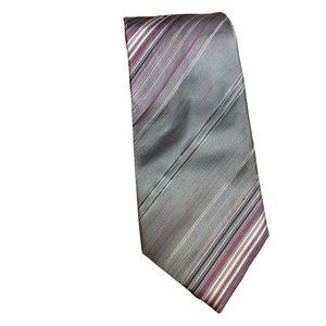 Geoffrey Beene Silk Gray Tie With Pink Diagonal Stripes